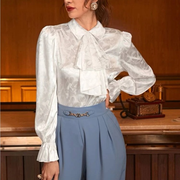 Tops - Elegant Classic Jacquard Long Sleeve Tie Neck Top Blouse Shirt